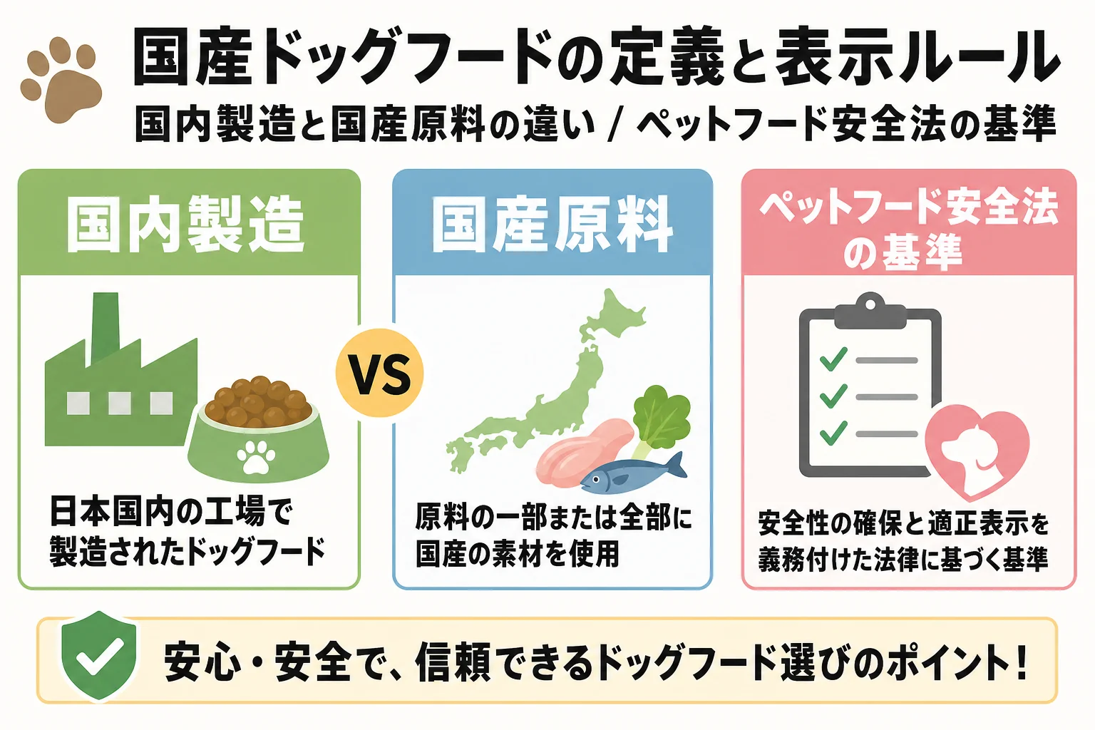 国産ドッグフードの定義と表示ルール:国内製造と国産原料の違い / ペットフード安全法の基準
