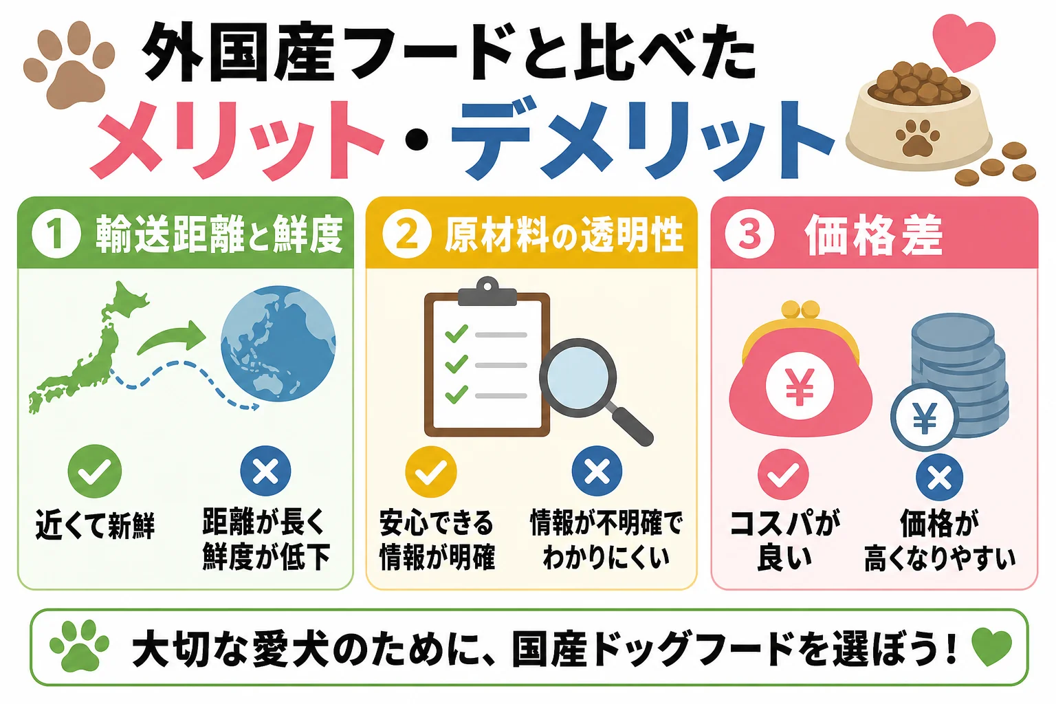 外国産フードと比べたメリット・デメリット:輸送距離と鮮度 / 原材料の透明性 / 価格差