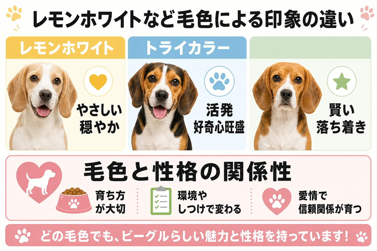 レモンホワイトなど毛色による印象の違い: レモンホワイト / トライカラー / 毛色と性格の関係性