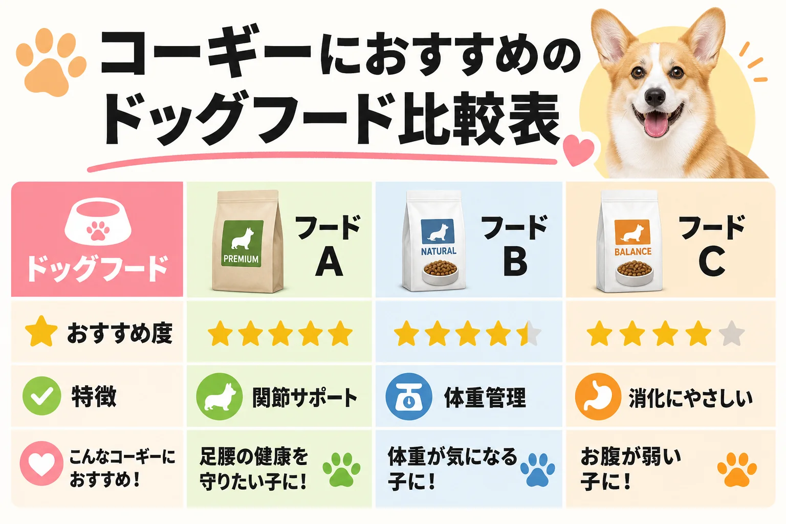 コーギーにおすすめのドッグフード比較表