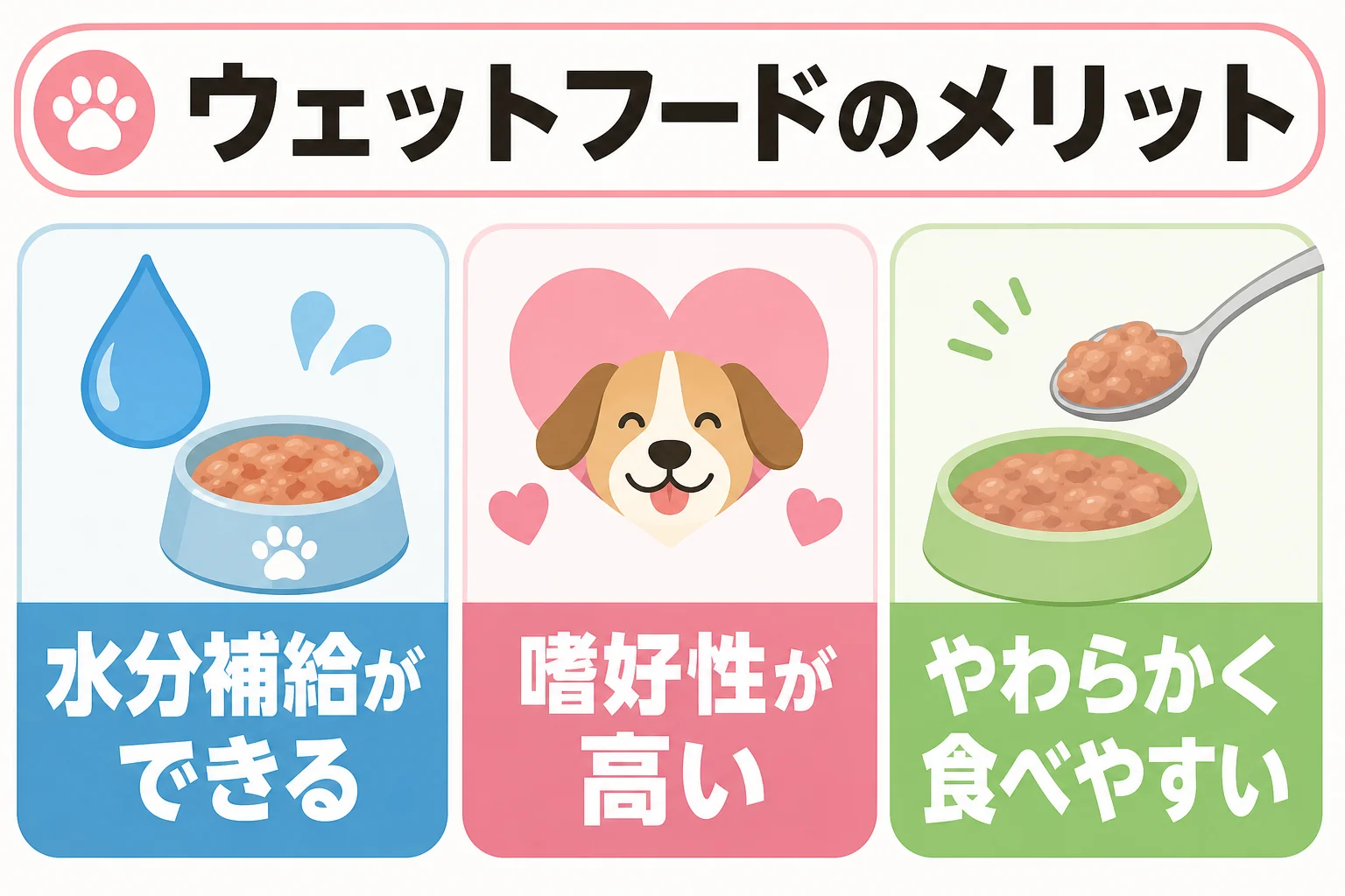 ウェットフードのメリット: 水分補給ができる / 嗜好性が高い / やわらかく食べやすい