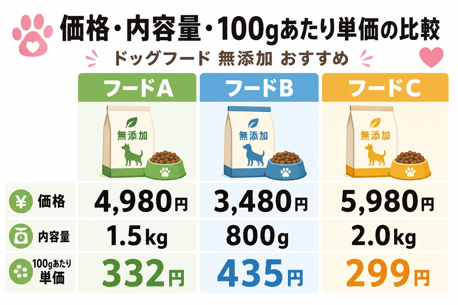価格・内容量・100gあたり単価の比較