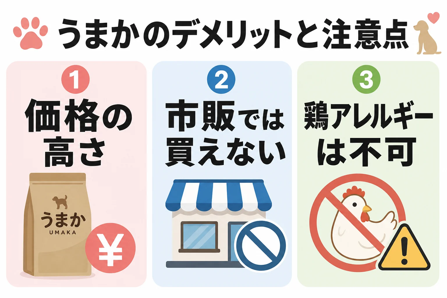 うまかのデメリットと注意点: 価格の高さ / 市販では買えない / 鶏アレルギーは不可