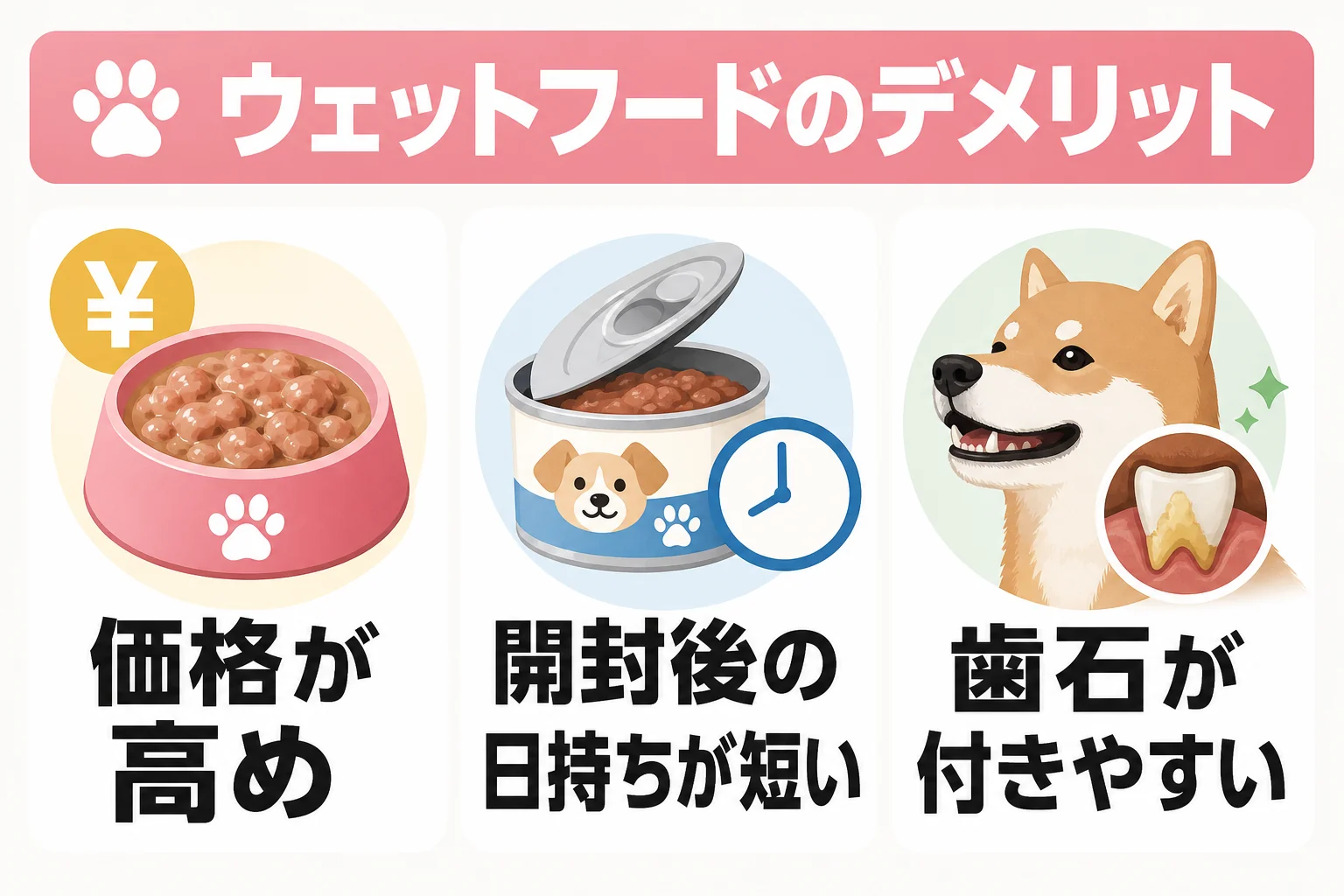 ウェットフードのデメリット: 価格が高め / 開封後の日持ちが短い / 歯石が付きやすい