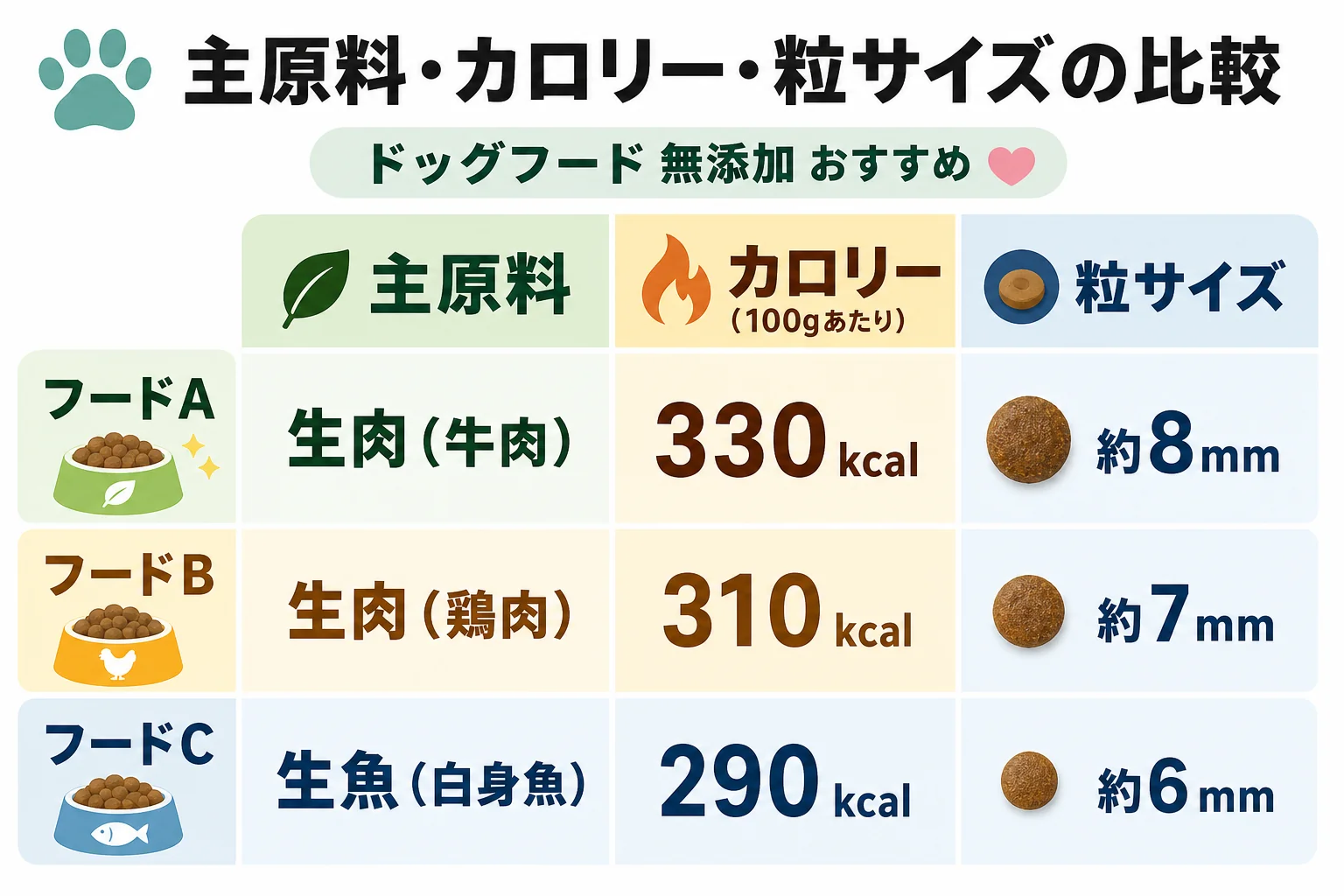 主原料・カロリー・粒サイズの比較