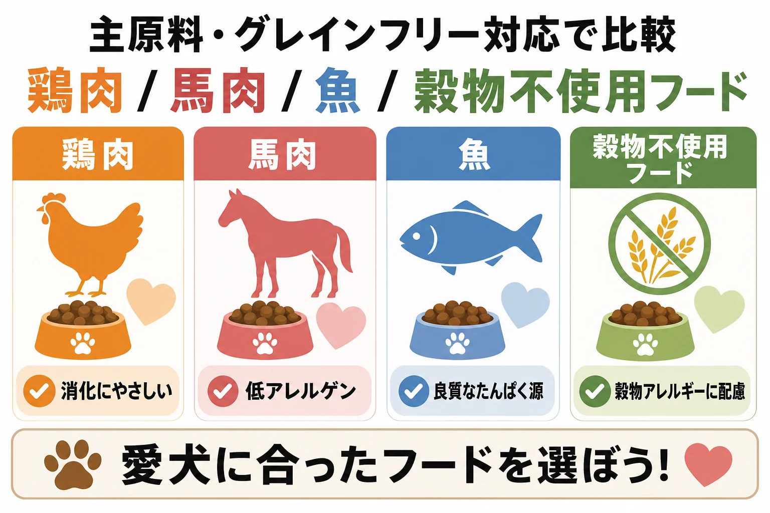 主原料・グレインフリー対応で比較: 鶏肉/馬肉/魚 / 穀物不使用フード