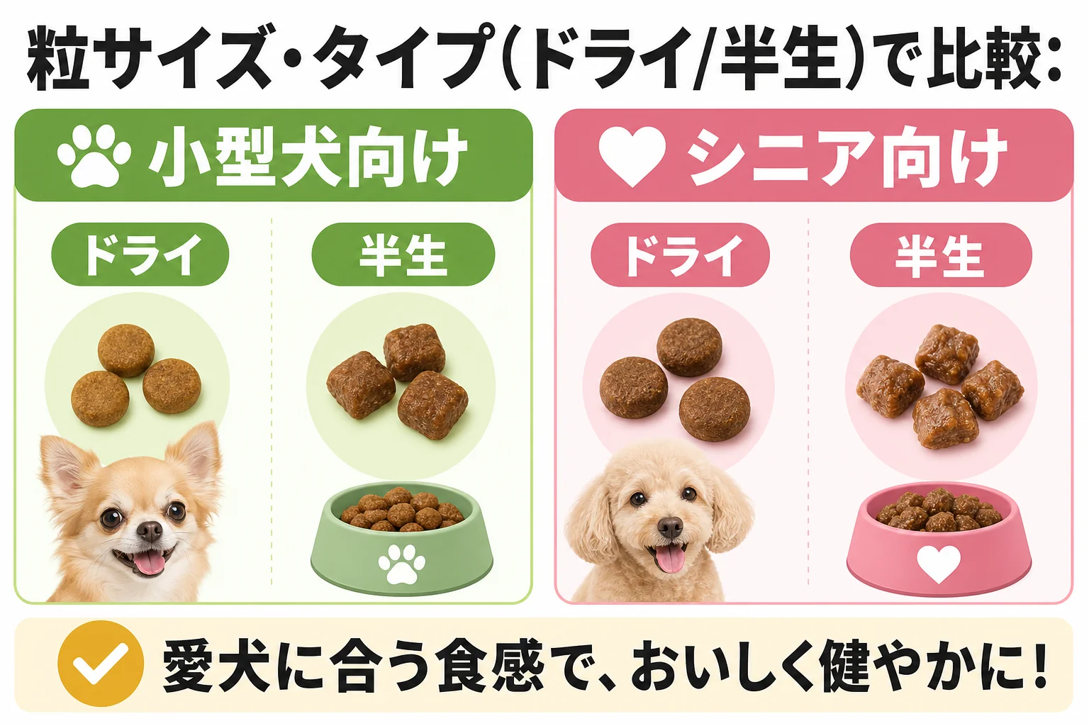 粒サイズ・タイプ(ドライ/半生)で比較: 小型犬向け / シニア向け食感