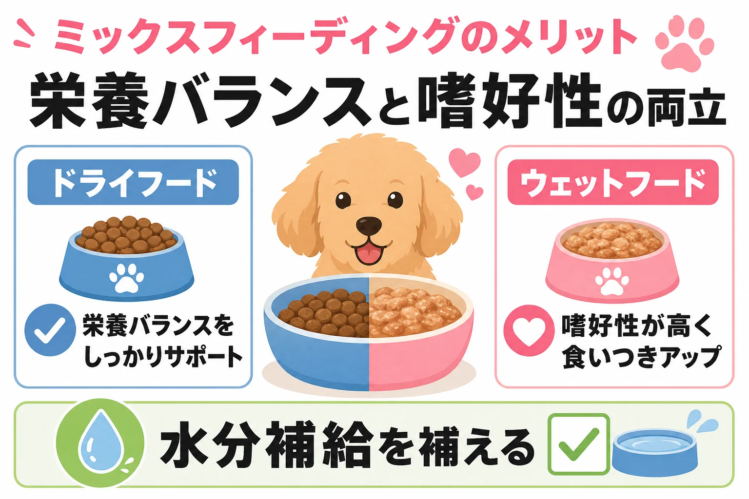 ミックスフィーディングのメリット: 栄養バランスと嗜好性の両立 / 水分補給を補える