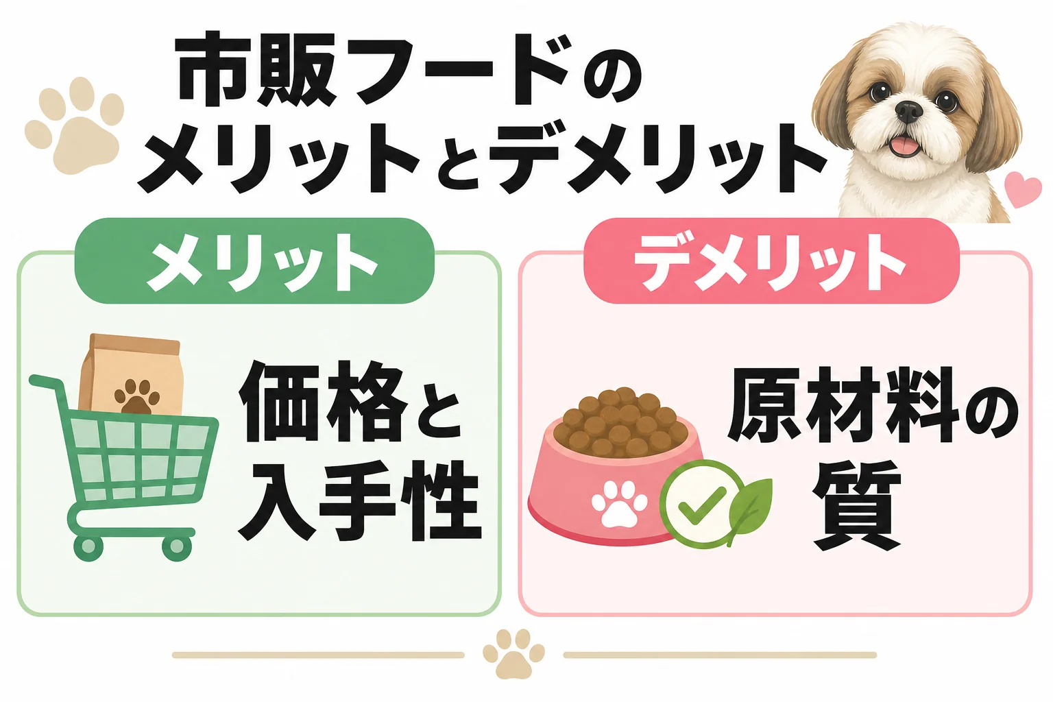 市販フードのメリットとデメリット: 価格と入手性 / 原材料の質