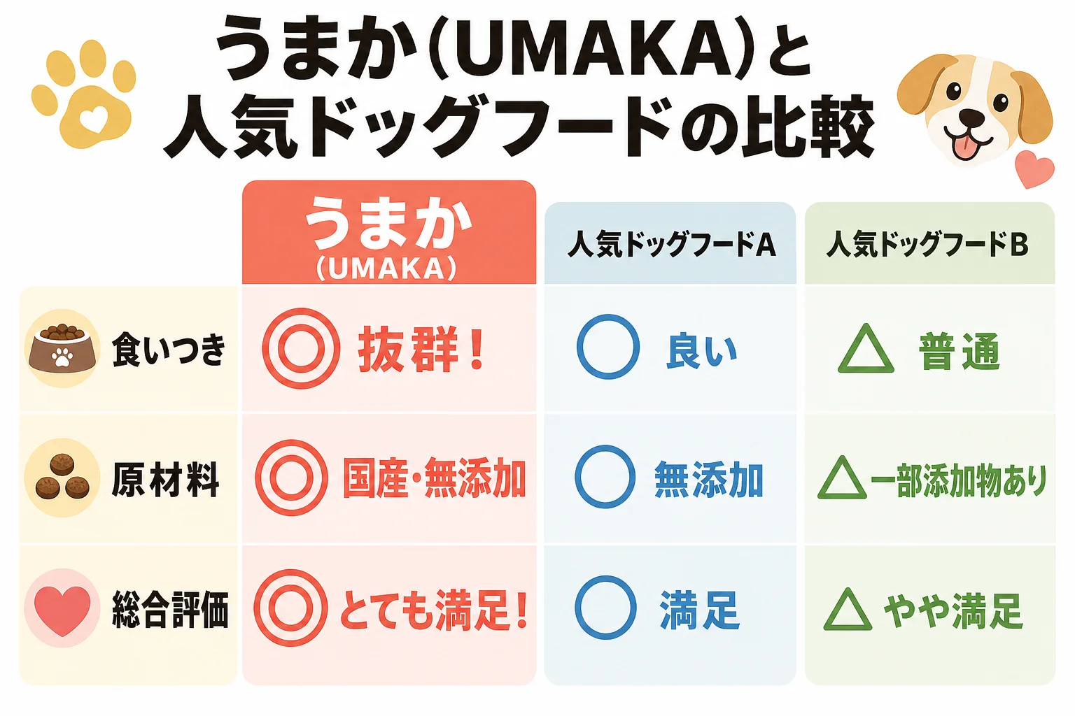 うまか(UMAKA)と人気ドッグフードの比較