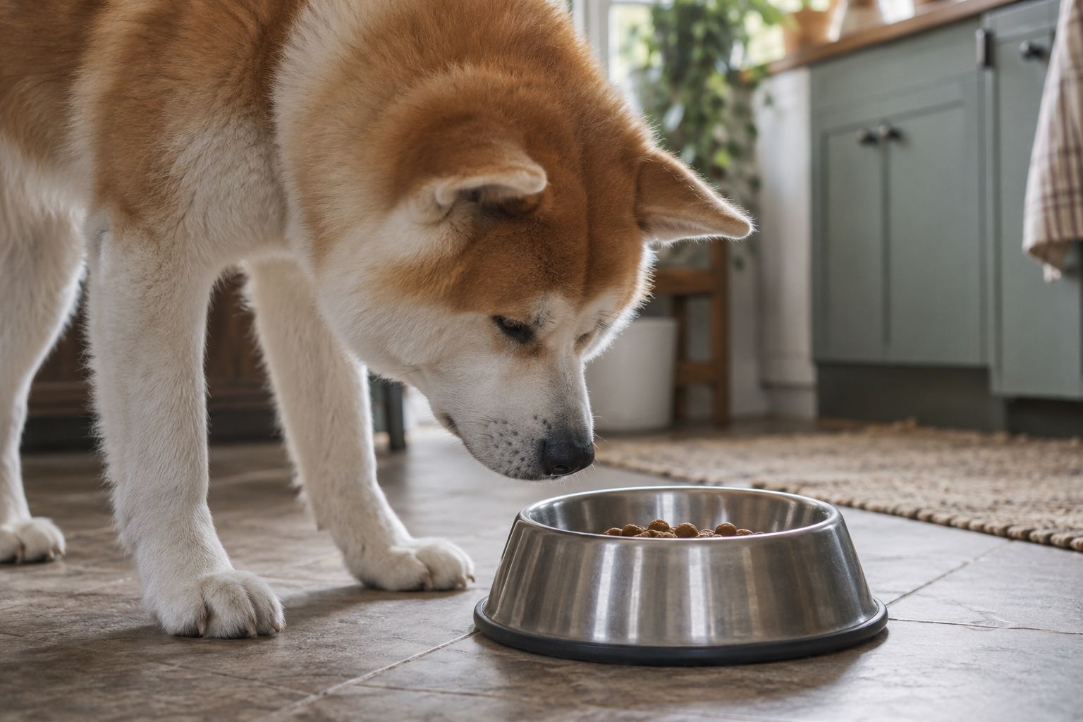 赤毛の秋田犬が食事の前にドッグフードの香りを確かめている様子