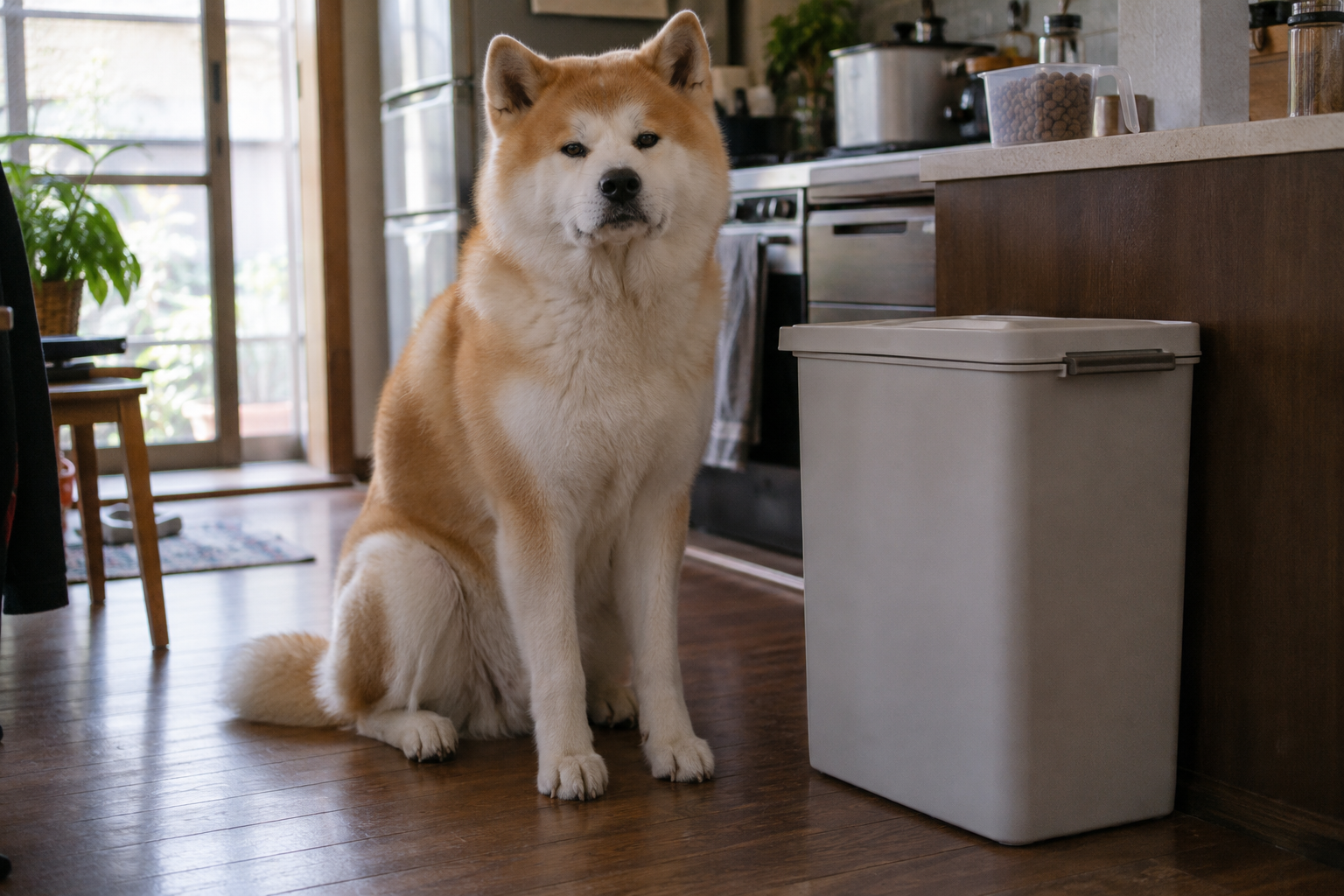 赤毛の秋田犬が家庭のフード保存容器の横に座っている様子