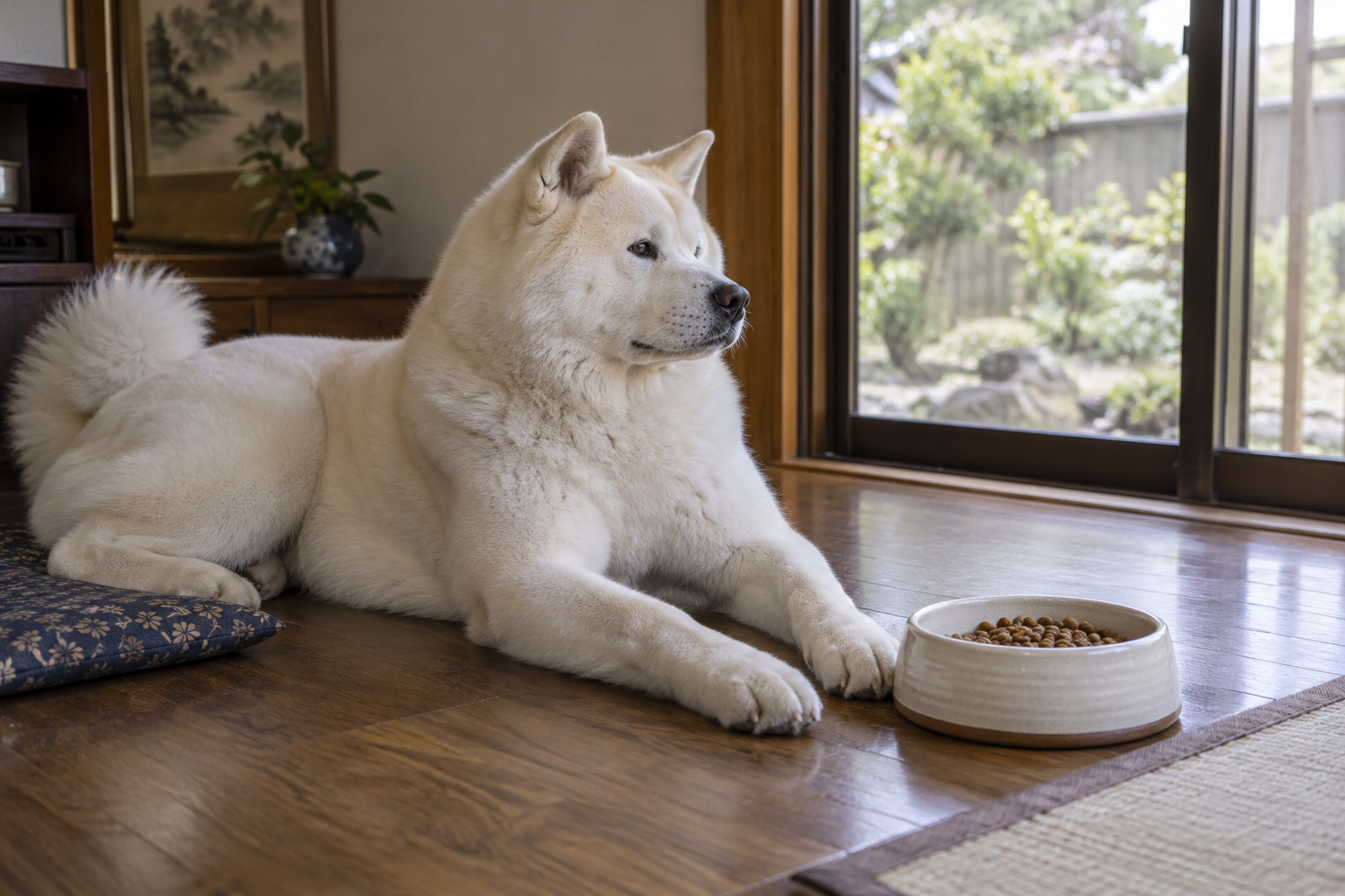 白い秋田犬がご飯の入ったボウルのそばで静かに休んでいる様子
