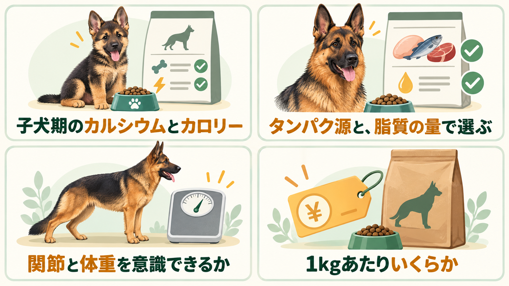 ジャーマンシェパードのフード選び:子犬期・お腹・関節と体重・価格