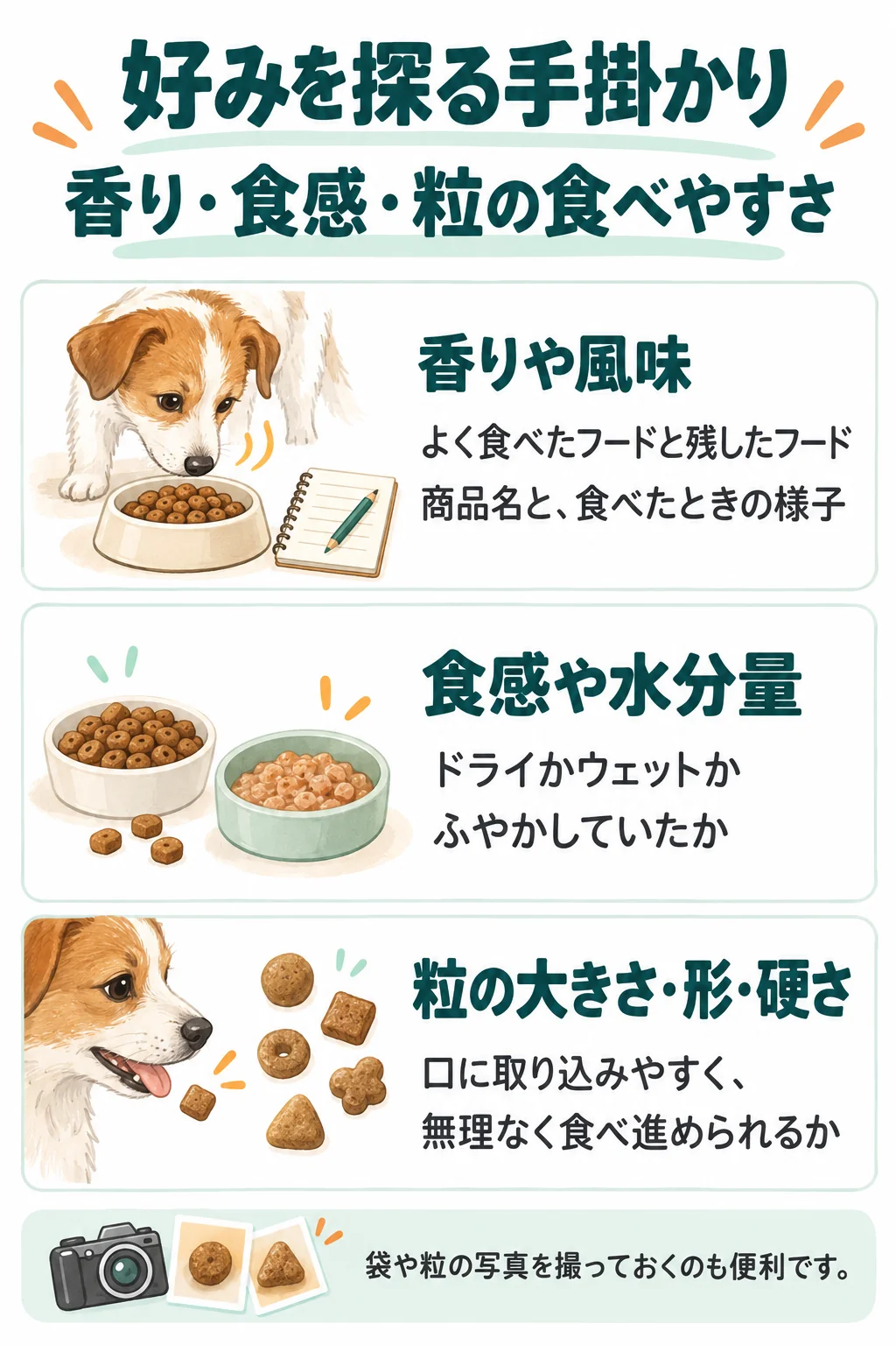 ドッグフードの好みを探る手掛かりは、香り・食感・粒の食べやすさ